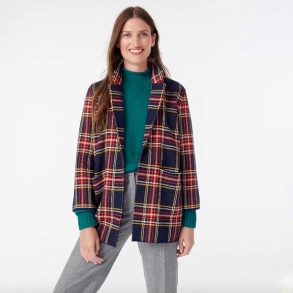 J. CREW Sophie Open-Front Sweater Blazer Tartan Plaid Knit Pockets Academia XXS - Picture 1 of 16